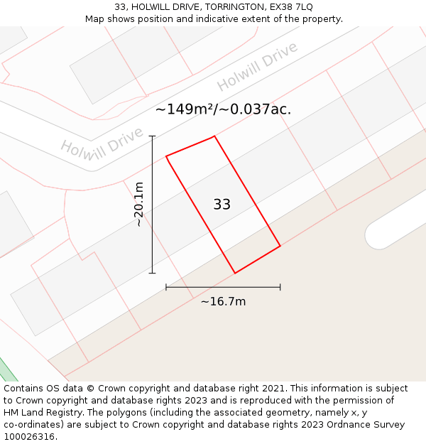 33, HOLWILL DRIVE, TORRINGTON, EX38 7LQ: Plot and title map
