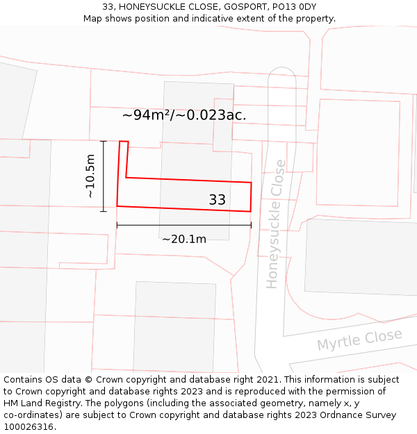 33, HONEYSUCKLE CLOSE, GOSPORT, PO13 0DY: Plot and title map