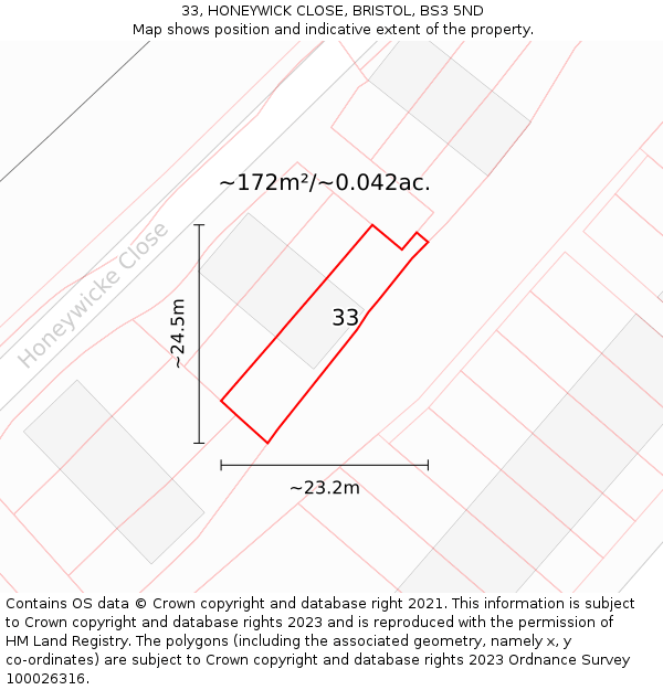33, HONEYWICK CLOSE, BRISTOL, BS3 5ND: Plot and title map