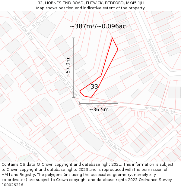 33, HORNES END ROAD, FLITWICK, BEDFORD, MK45 1JH: Plot and title map