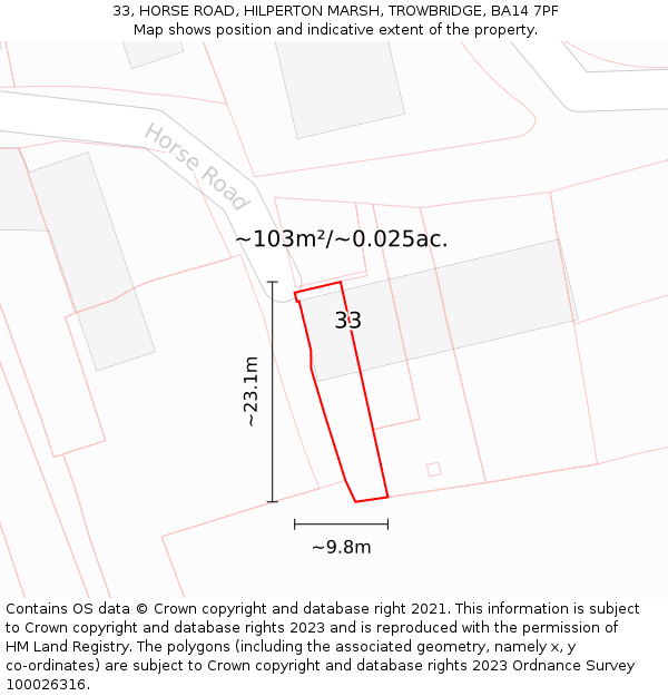 33, HORSE ROAD, HILPERTON MARSH, TROWBRIDGE, BA14 7PF: Plot and title map
