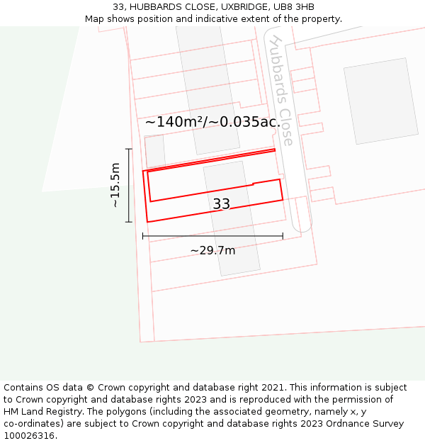33, HUBBARDS CLOSE, UXBRIDGE, UB8 3HB: Plot and title map