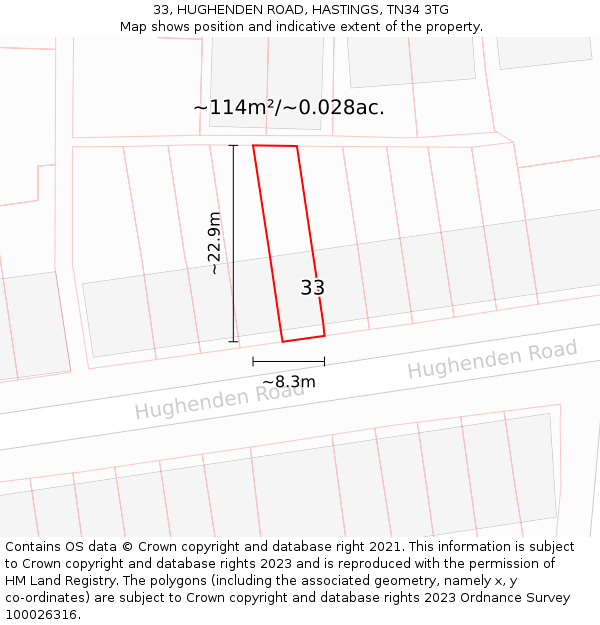 33, HUGHENDEN ROAD, HASTINGS, TN34 3TG: Plot and title map