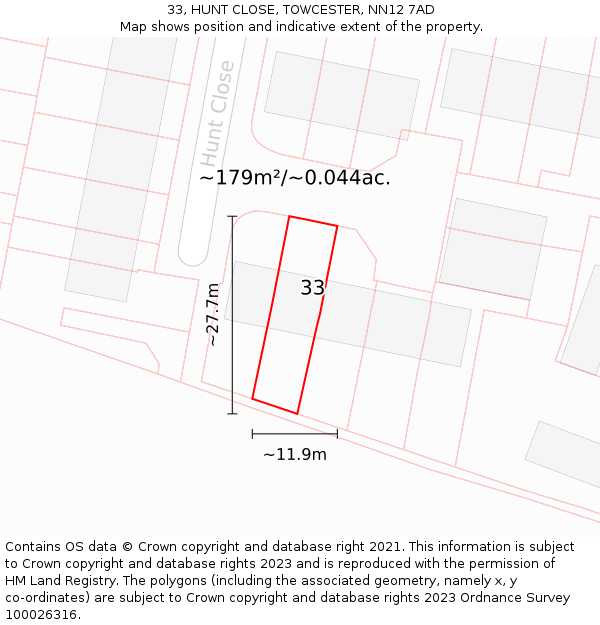 33, HUNT CLOSE, TOWCESTER, NN12 7AD: Plot and title map