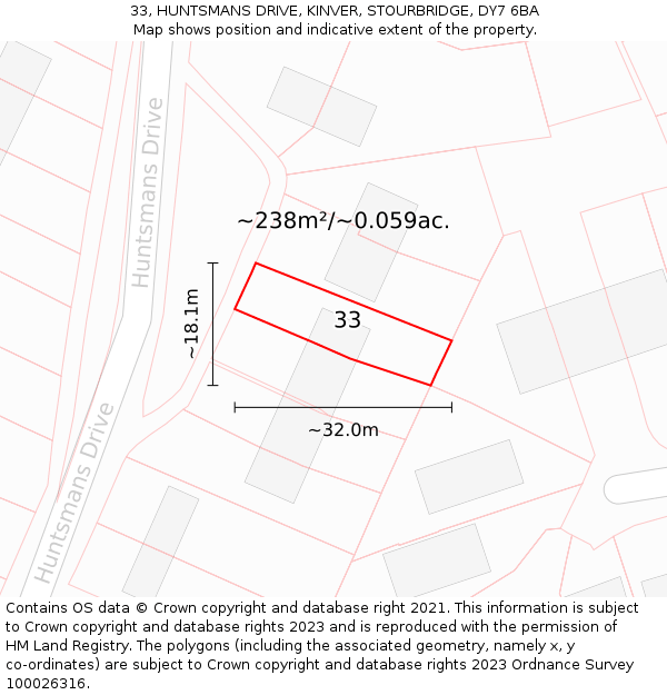 33, HUNTSMANS DRIVE, KINVER, STOURBRIDGE, DY7 6BA: Plot and title map