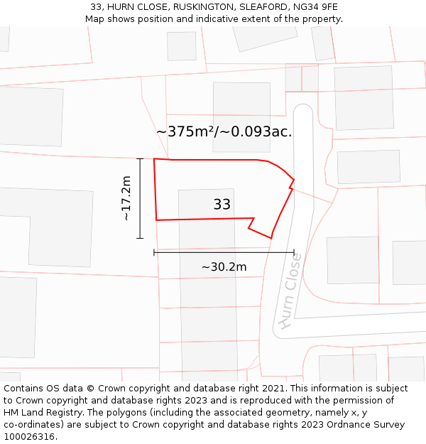 33, HURN CLOSE, RUSKINGTON, SLEAFORD, NG34 9FE: Plot and title map