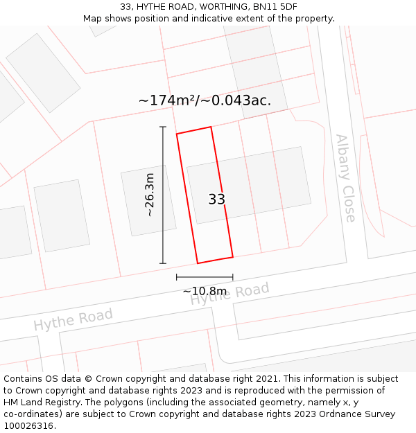 33, HYTHE ROAD, WORTHING, BN11 5DF: Plot and title map