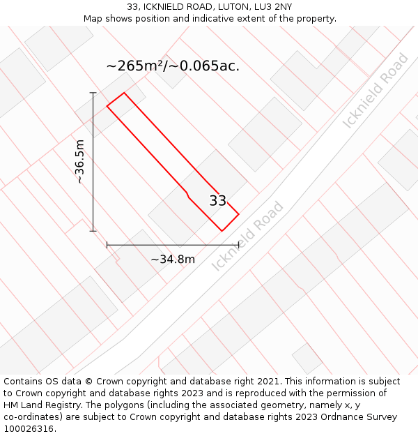 33, ICKNIELD ROAD, LUTON, LU3 2NY: Plot and title map