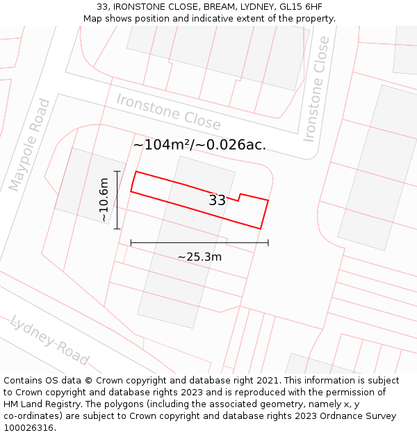 33, IRONSTONE CLOSE, BREAM, LYDNEY, GL15 6HF: Plot and title map