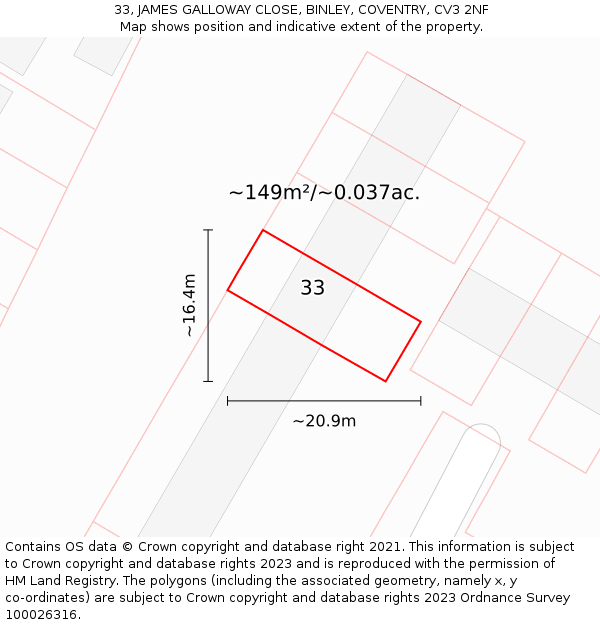 33, JAMES GALLOWAY CLOSE, BINLEY, COVENTRY, CV3 2NF: Plot and title map