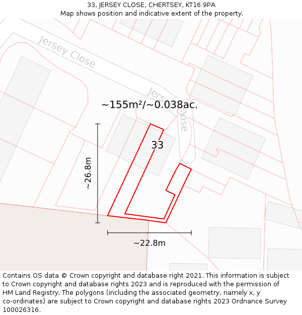 33, JERSEY CLOSE, CHERTSEY, KT16 9PA: Plot and title map
