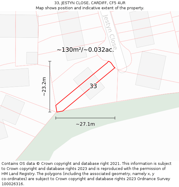 33, JESTYN CLOSE, CARDIFF, CF5 4UR: Plot and title map