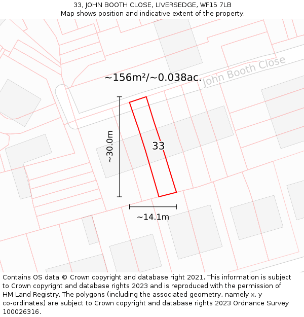 33, JOHN BOOTH CLOSE, LIVERSEDGE, WF15 7LB: Plot and title map