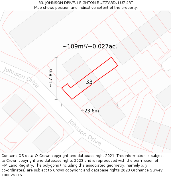 33, JOHNSON DRIVE, LEIGHTON BUZZARD, LU7 4RT: Plot and title map