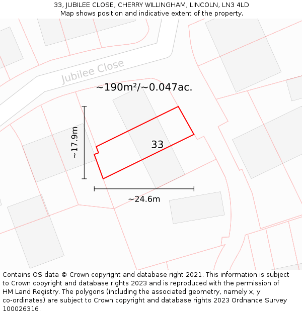 33, JUBILEE CLOSE, CHERRY WILLINGHAM, LINCOLN, LN3 4LD: Plot and title map