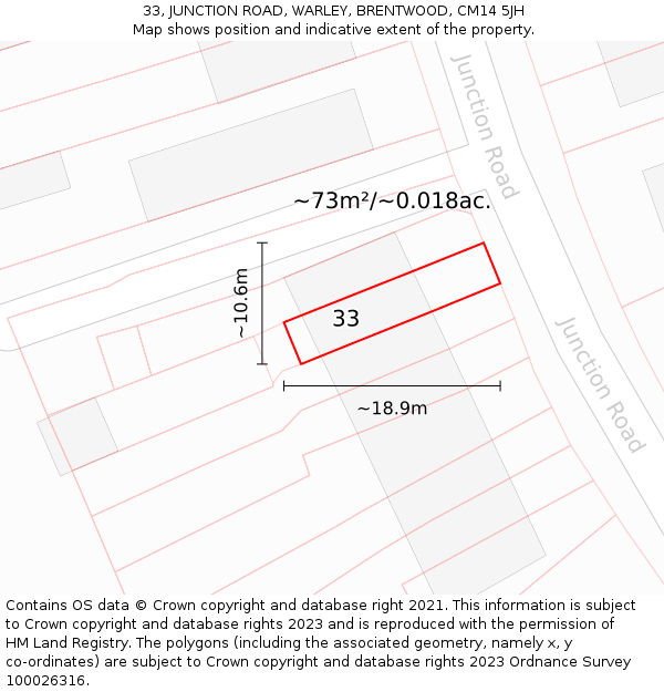 33, JUNCTION ROAD, WARLEY, BRENTWOOD, CM14 5JH: Plot and title map