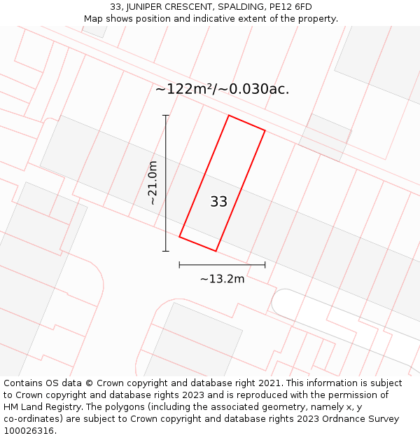 33, JUNIPER CRESCENT, SPALDING, PE12 6FD: Plot and title map