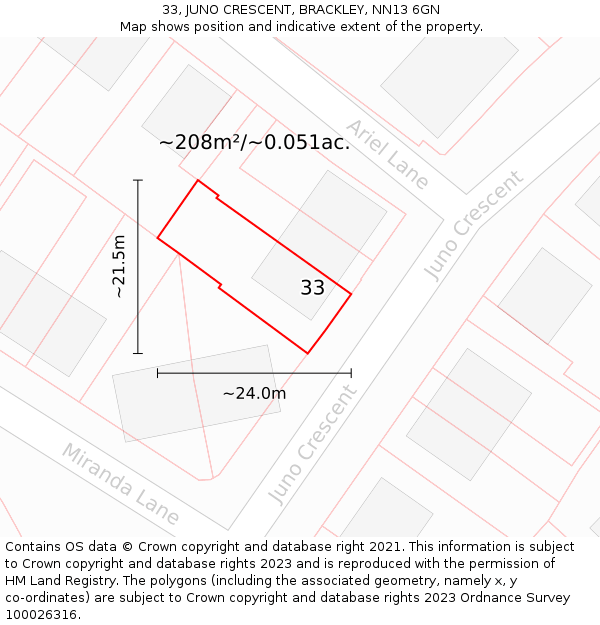 33, JUNO CRESCENT, BRACKLEY, NN13 6GN: Plot and title map