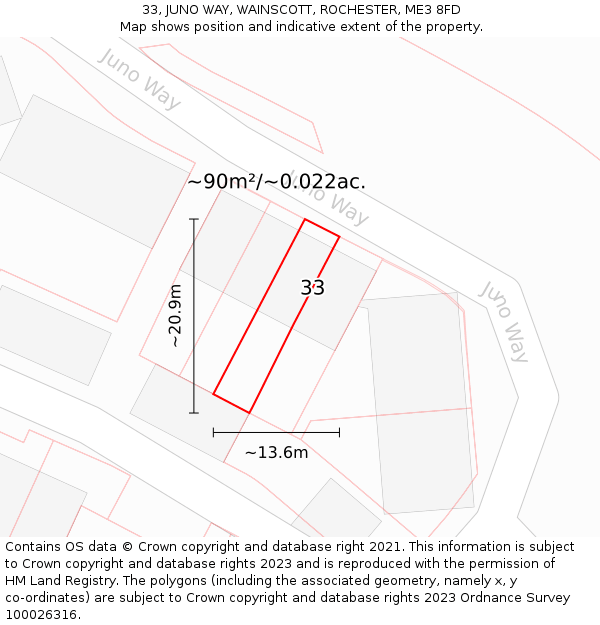 33, JUNO WAY, WAINSCOTT, ROCHESTER, ME3 8FD: Plot and title map