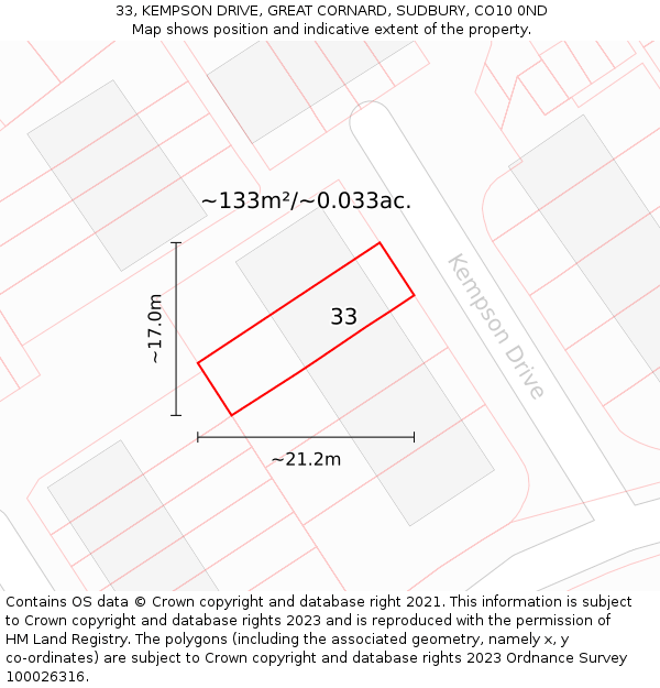 33, KEMPSON DRIVE, GREAT CORNARD, SUDBURY, CO10 0ND: Plot and title map