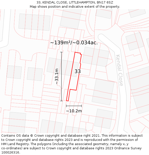 33, KENDAL CLOSE, LITTLEHAMPTON, BN17 6SZ: Plot and title map