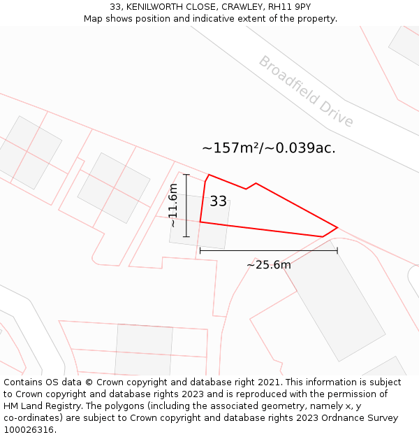 33, KENILWORTH CLOSE, CRAWLEY, RH11 9PY: Plot and title map