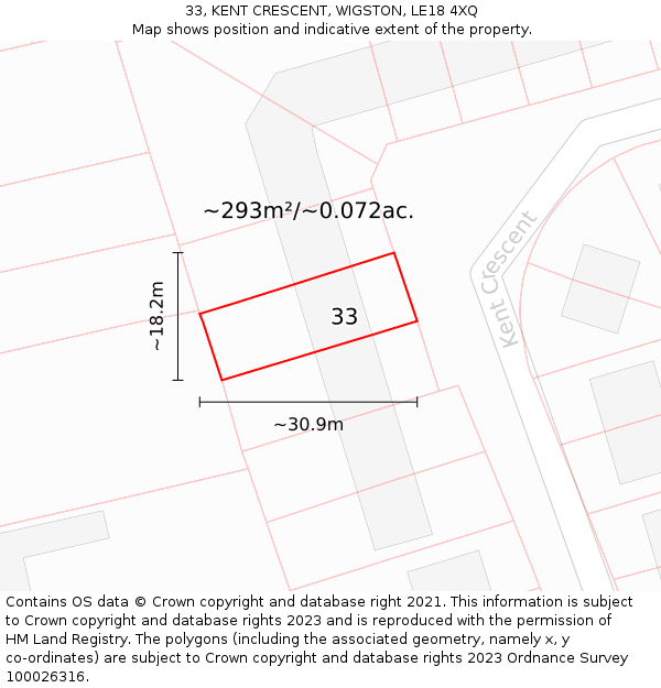 33, KENT CRESCENT, WIGSTON, LE18 4XQ: Plot and title map