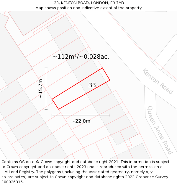 33, KENTON ROAD, LONDON, E9 7AB: Plot and title map