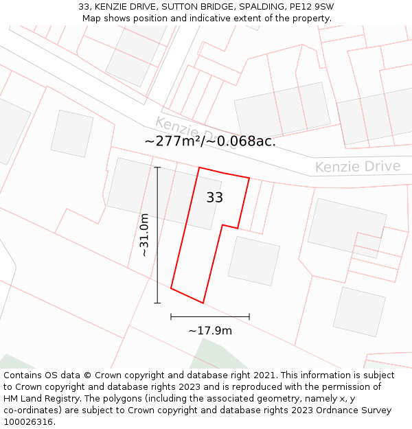 33, KENZIE DRIVE, SUTTON BRIDGE, SPALDING, PE12 9SW: Plot and title map