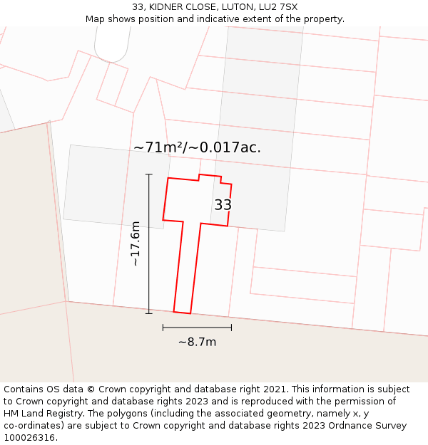 33, KIDNER CLOSE, LUTON, LU2 7SX: Plot and title map