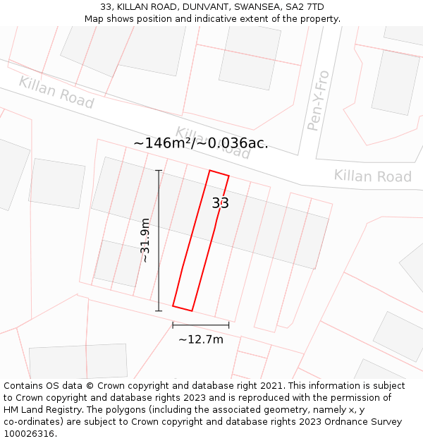 33, KILLAN ROAD, DUNVANT, SWANSEA, SA2 7TD: Plot and title map