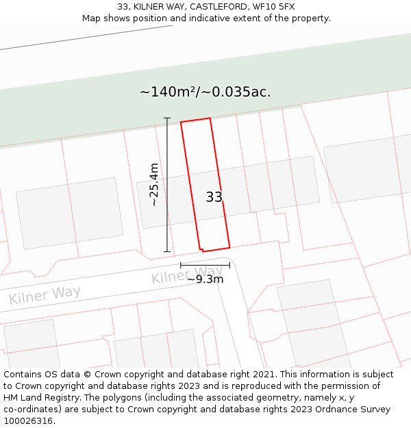 33, KILNER WAY, CASTLEFORD, WF10 5FX: Plot and title map