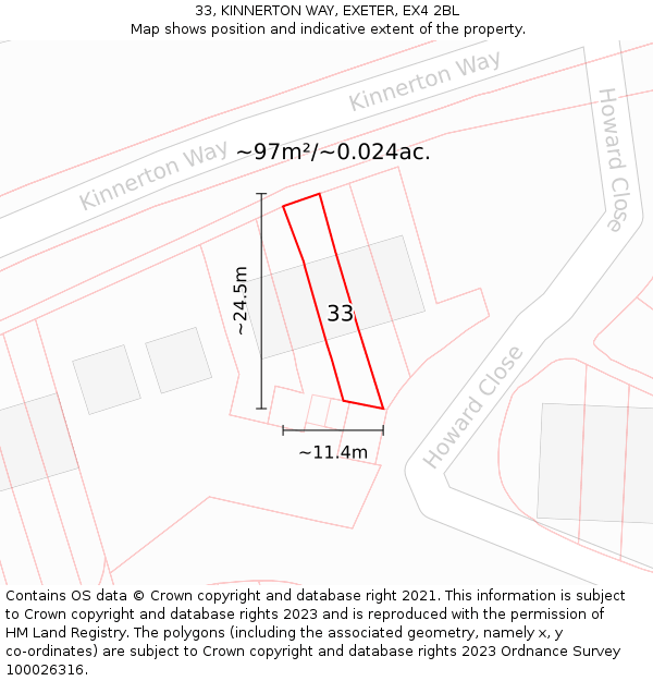 33, KINNERTON WAY, EXETER, EX4 2BL: Plot and title map