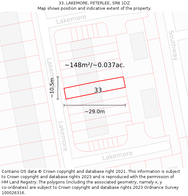 33, LAKEMORE, PETERLEE, SR8 1DZ: Plot and title map