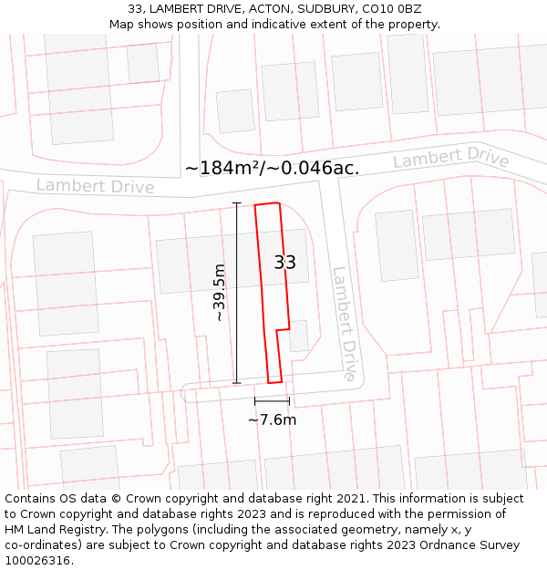 33, LAMBERT DRIVE, ACTON, SUDBURY, CO10 0BZ: Plot and title map