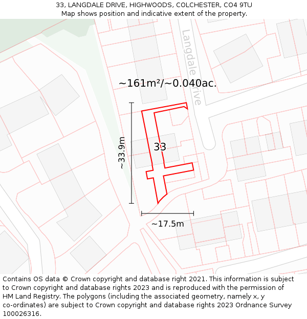 33, LANGDALE DRIVE, HIGHWOODS, COLCHESTER, CO4 9TU: Plot and title map