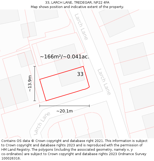 33, LARCH LANE, TREDEGAR, NP22 4FA: Plot and title map