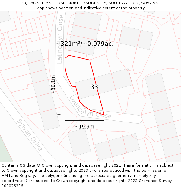 33, LAUNCELYN CLOSE, NORTH BADDESLEY, SOUTHAMPTON, SO52 9NP: Plot and title map
