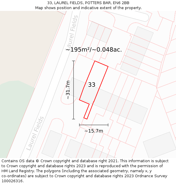 33, LAUREL FIELDS, POTTERS BAR, EN6 2BB: Plot and title map