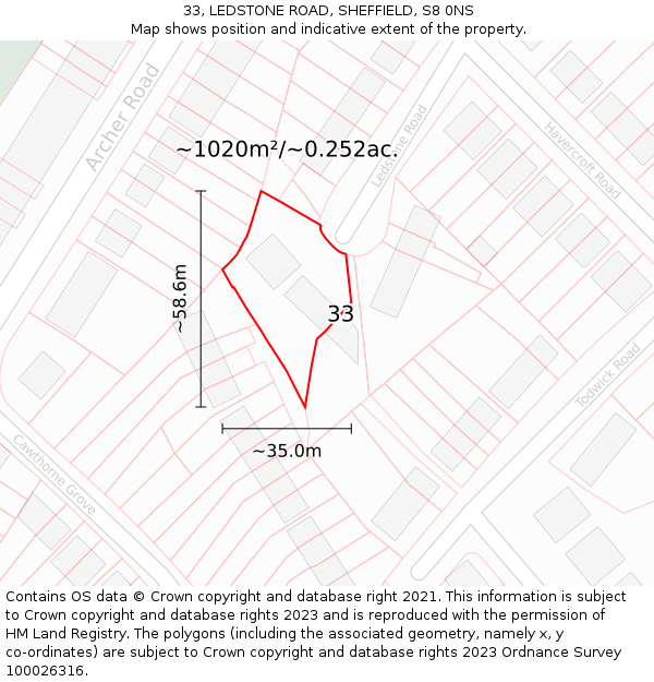 33, LEDSTONE ROAD, SHEFFIELD, S8 0NS: Plot and title map