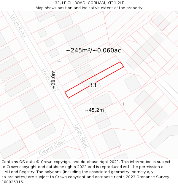 33, LEIGH ROAD, COBHAM, KT11 2LF: Plot and title map