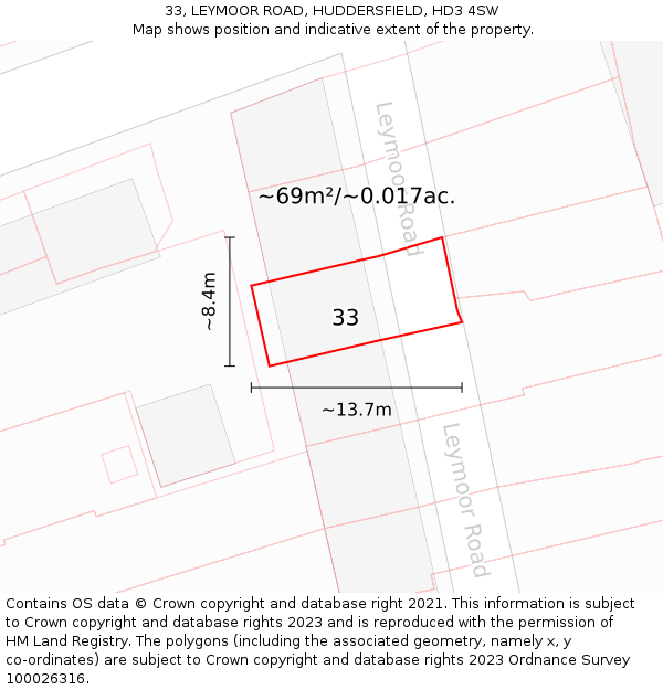 33, LEYMOOR ROAD, HUDDERSFIELD, HD3 4SW: Plot and title map