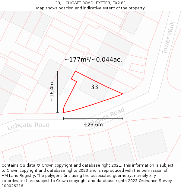 33, LICHGATE ROAD, EXETER, EX2 8FJ: Plot and title map