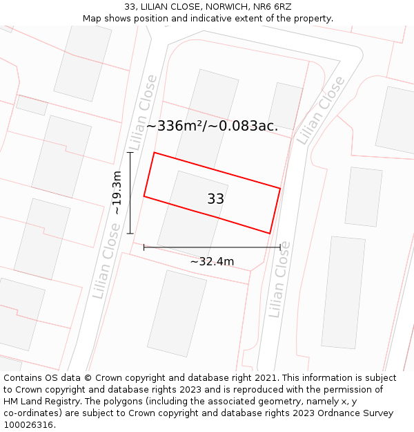 33, LILIAN CLOSE, NORWICH, NR6 6RZ: Plot and title map