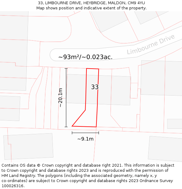 33, LIMBOURNE DRIVE, HEYBRIDGE, MALDON, CM9 4YU: Plot and title map