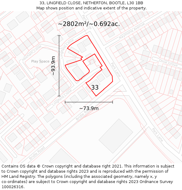 33, LINGFIELD CLOSE, NETHERTON, BOOTLE, L30 1BB: Plot and title map
