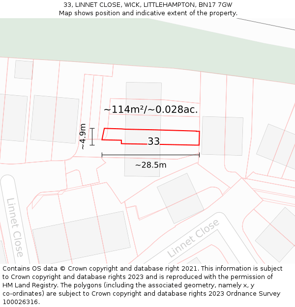33, LINNET CLOSE, WICK, LITTLEHAMPTON, BN17 7GW: Plot and title map