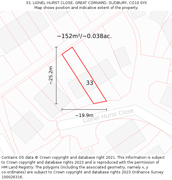 33, LIONEL HURST CLOSE, GREAT CORNARD, SUDBURY, CO10 0YX: Plot and title map