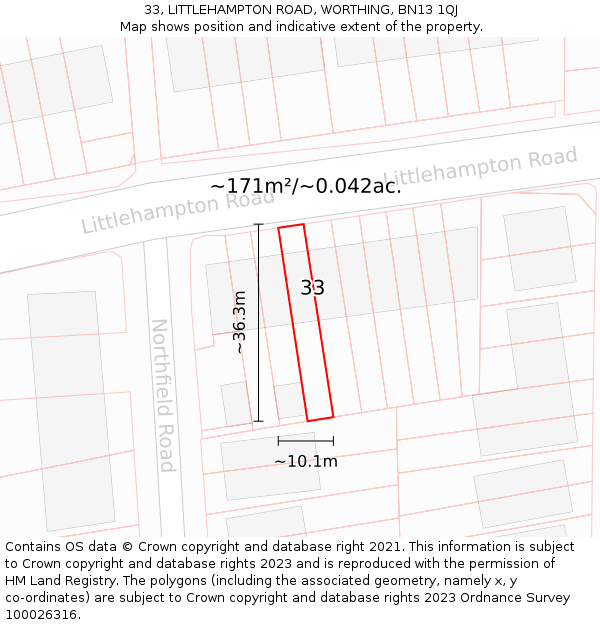 33, LITTLEHAMPTON ROAD, WORTHING, BN13 1QJ: Plot and title map