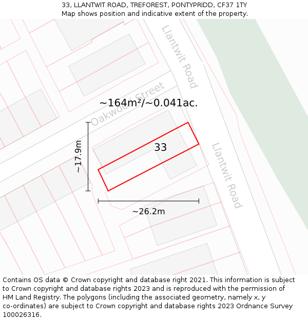 33, LLANTWIT ROAD, TREFOREST, PONTYPRIDD, CF37 1TY: Plot and title map
